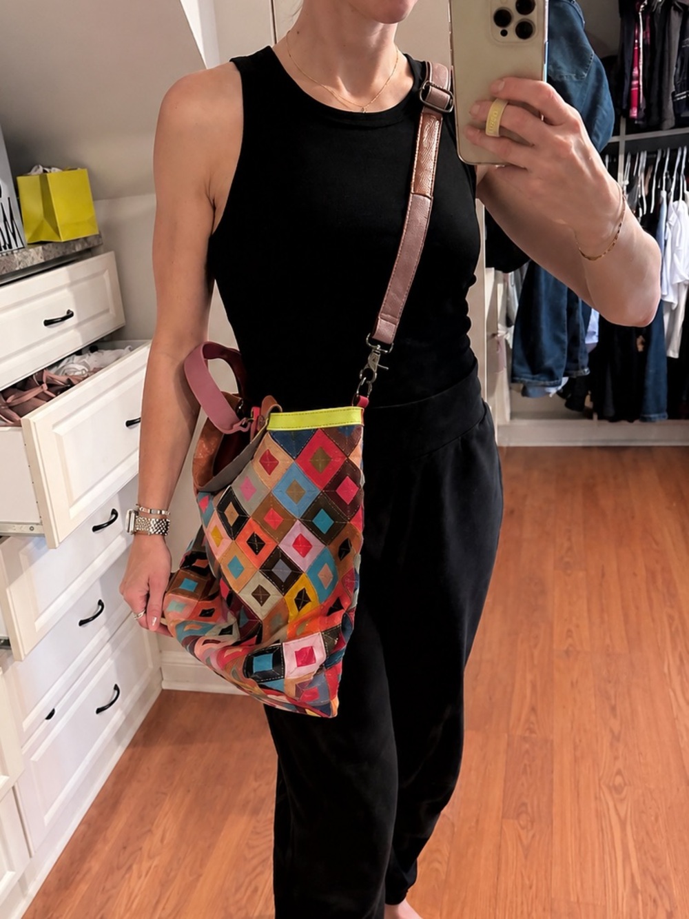 Colorful Diamond Patchwork Leather Shoulder Bag - Multicolor - Picture 7 of 7